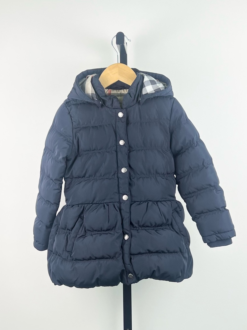 Burberry Kids Girls Hooded Quilted Down Puffer Jacket/Coat, Navy, 4Y